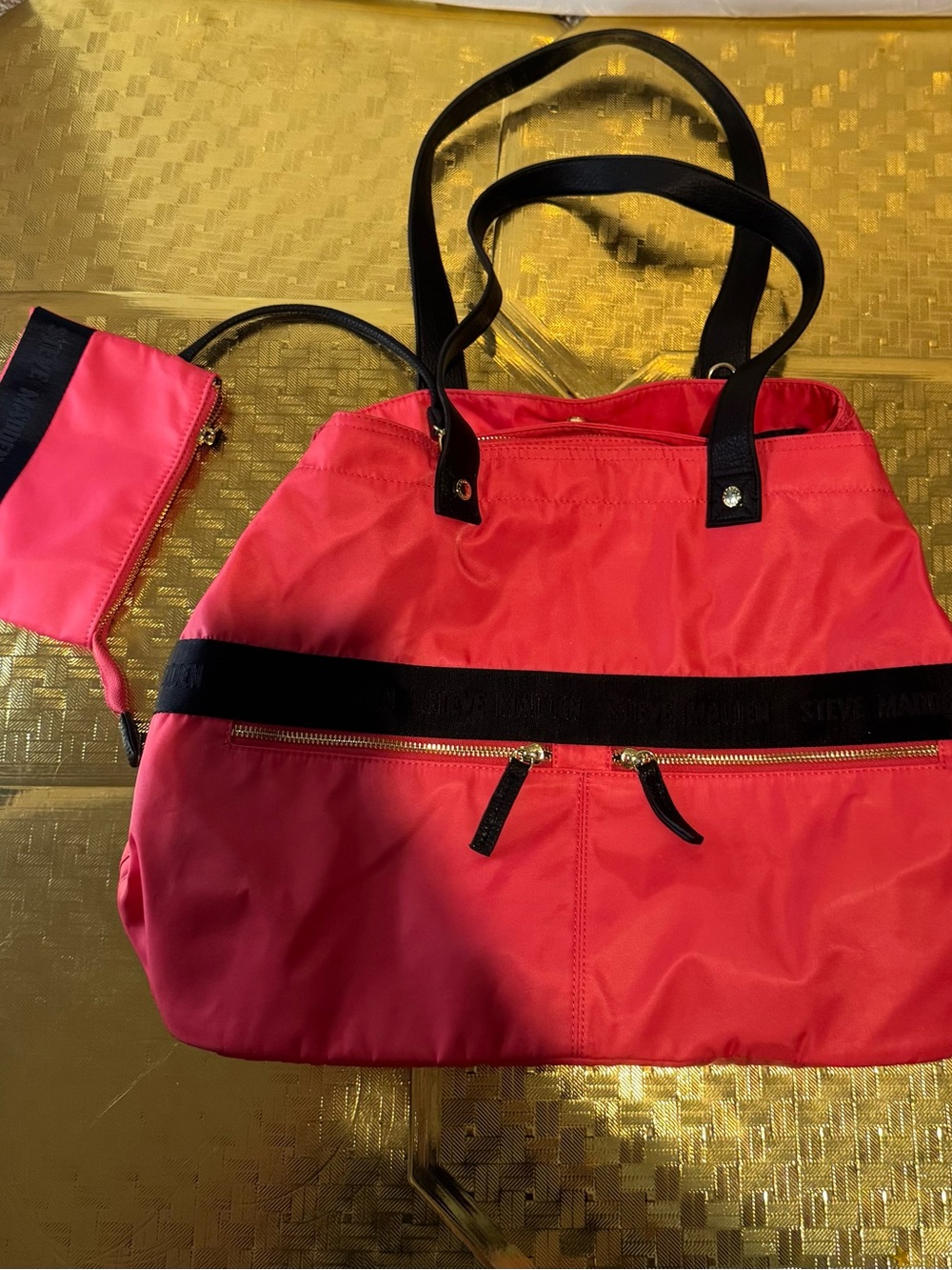 Steve Madden Hot Pink Nylon Tote with Black Trim and Wristlet